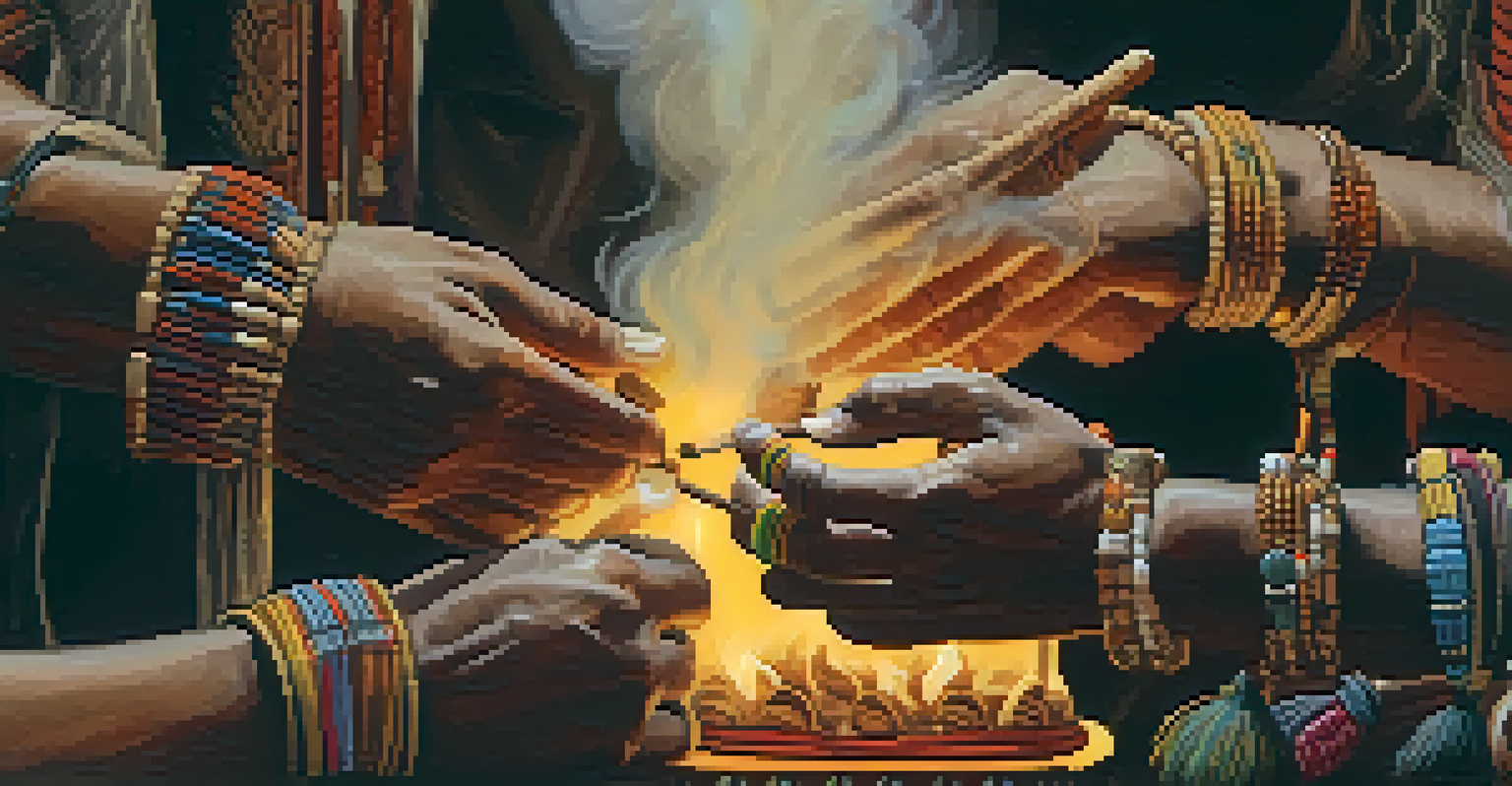 A close-up of a shaman's hands performing a cleansing ritual with tobacco smoke, surrounded by participants in a ceremonial space.