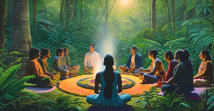 Participants seated in a tranquil jungle during an Ayahuasca ceremony, surrounded by lush greenery and a soft mist.
