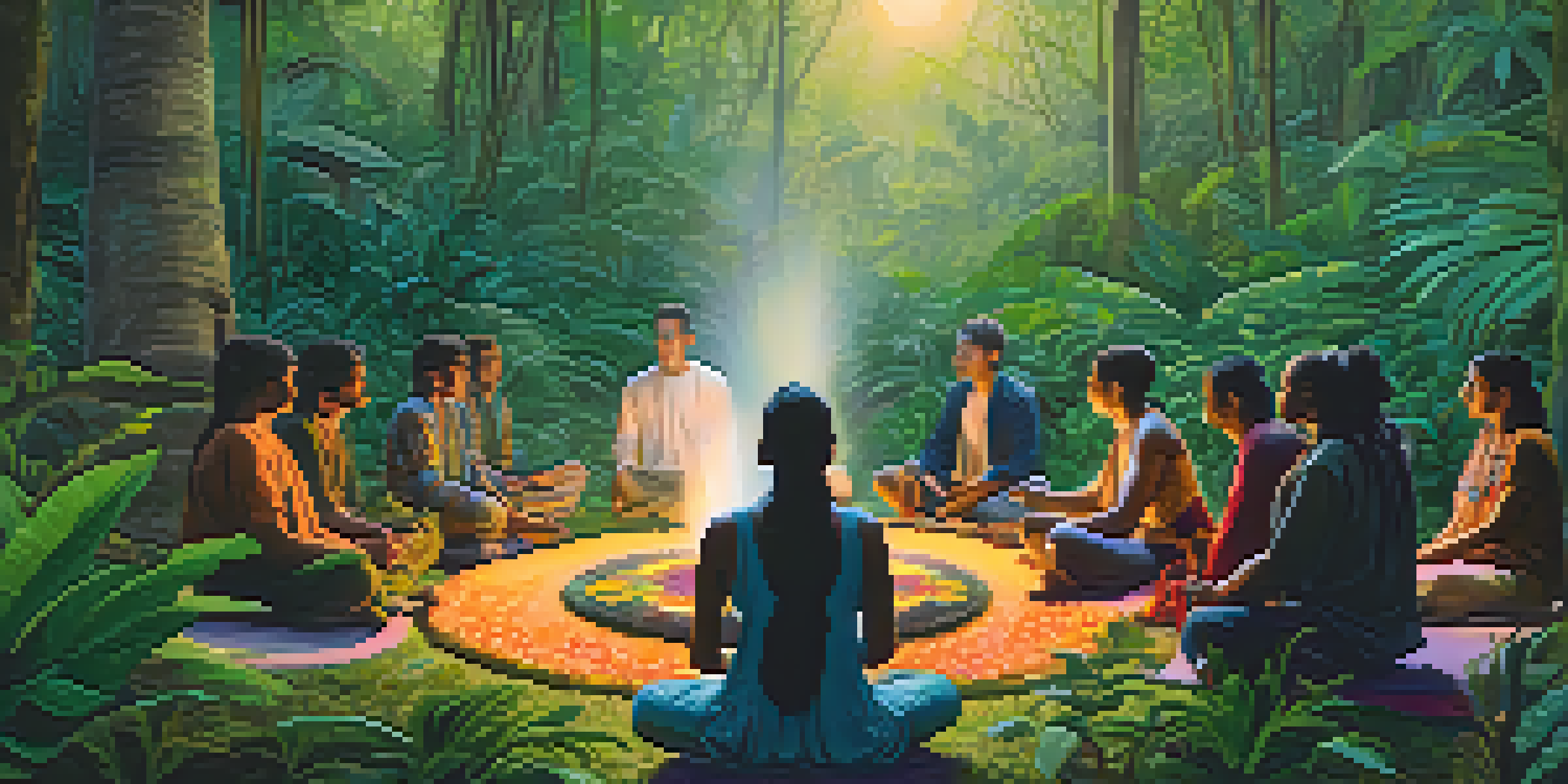 Participants seated in a tranquil jungle during an Ayahuasca ceremony, surrounded by lush greenery and a soft mist.