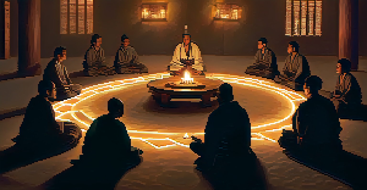 Participants seated in a circle on mats in a dimly lit ceremonial space with a shaman, illuminated by candlelight, creating a sacred atmosphere.