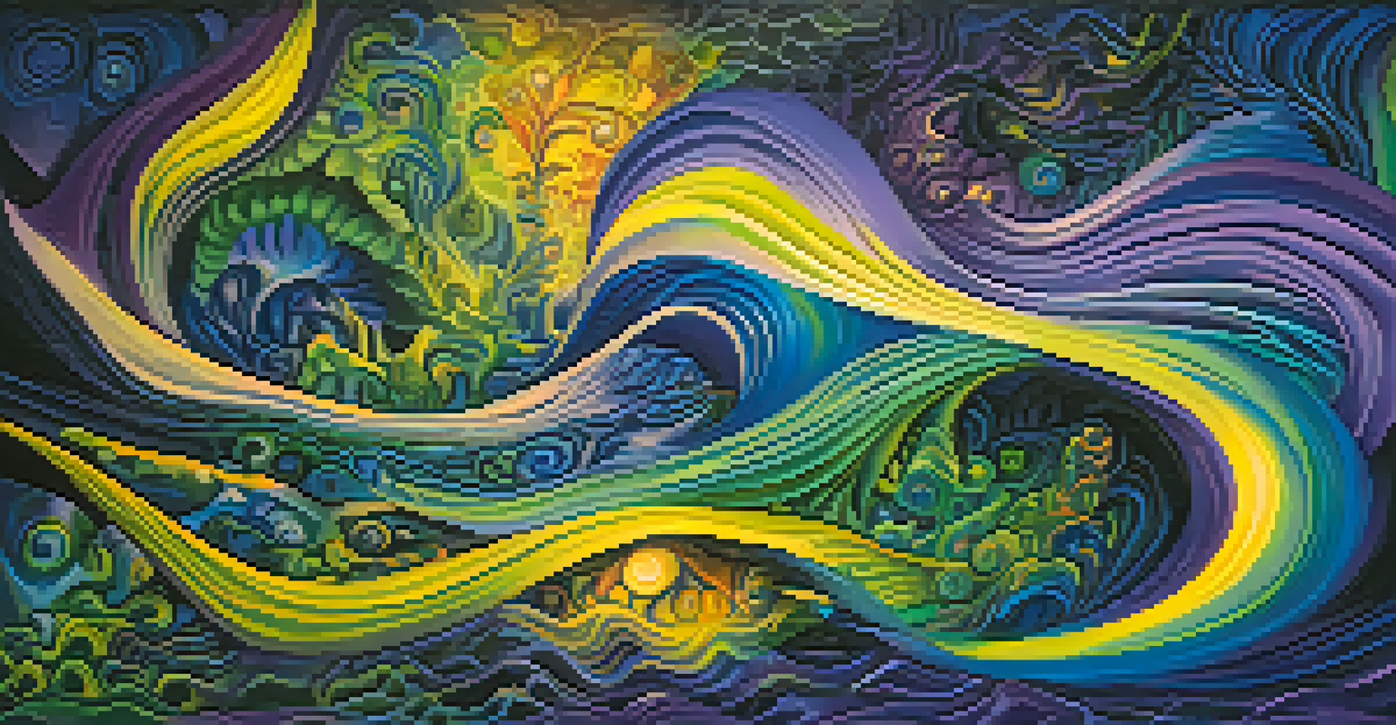 An abstract depiction of a mystical journey with swirling colors and shapes representing visions from an ayahuasca experience.