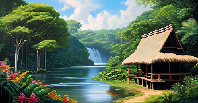 A peaceful Amazon rainforest with a river, greenery, and an indigenous ceremonial hut, illuminated by soft sunlight.