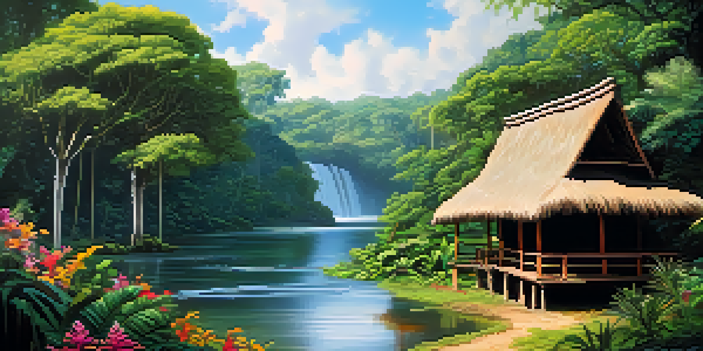 A peaceful Amazon rainforest with a river, greenery, and an indigenous ceremonial hut, illuminated by soft sunlight.