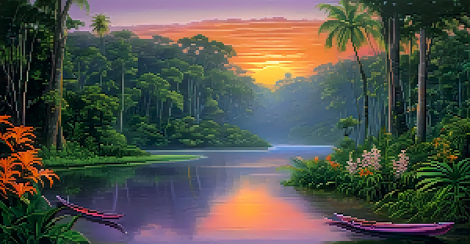 A serene Amazon rainforest with a winding river at sunset, surrounded by lush greenery and blooming flowers.