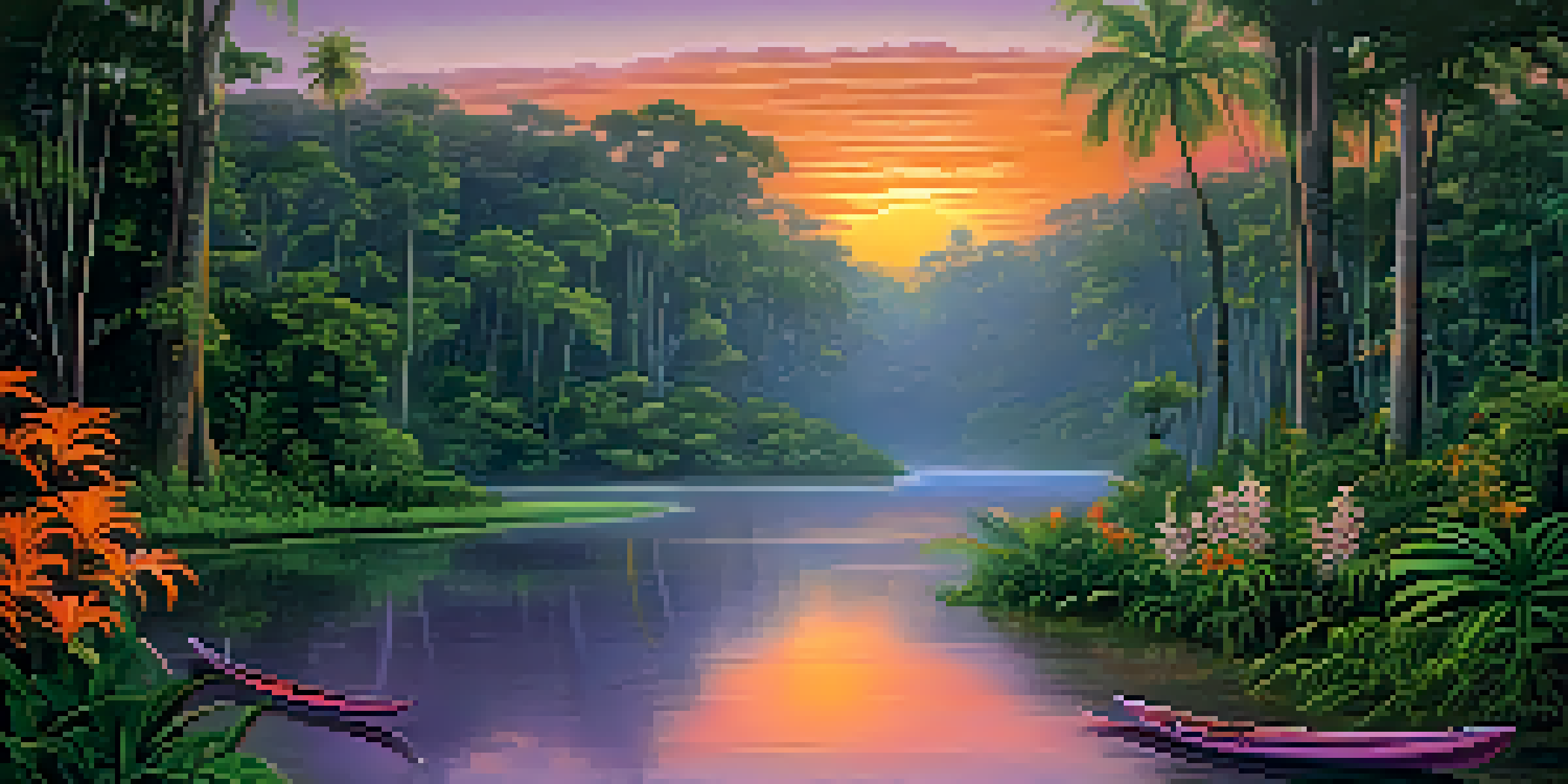 A serene Amazon rainforest with a winding river at sunset, surrounded by lush greenery and blooming flowers.