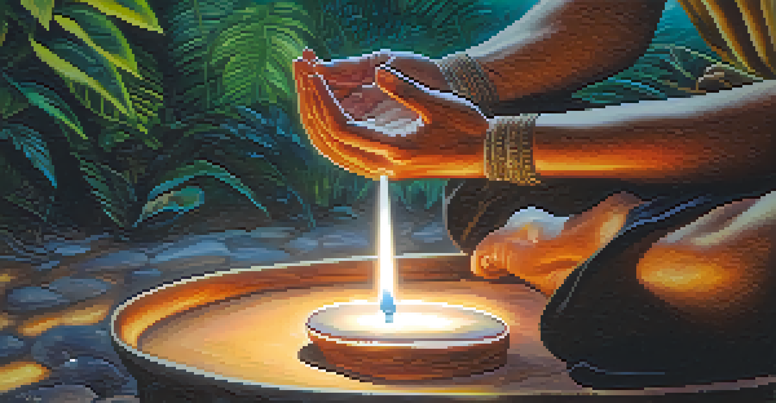 A close-up of a participant's hands in a mudra position during breathwork, surrounded by a soft glow with blurred nature in the background.