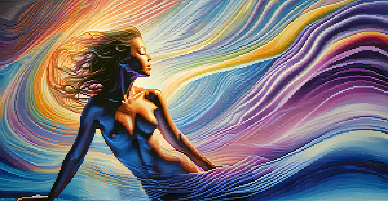 A transparent human figure surrounded by colorful energy waves, representing somatic awareness, set against a calming blue and purple background.