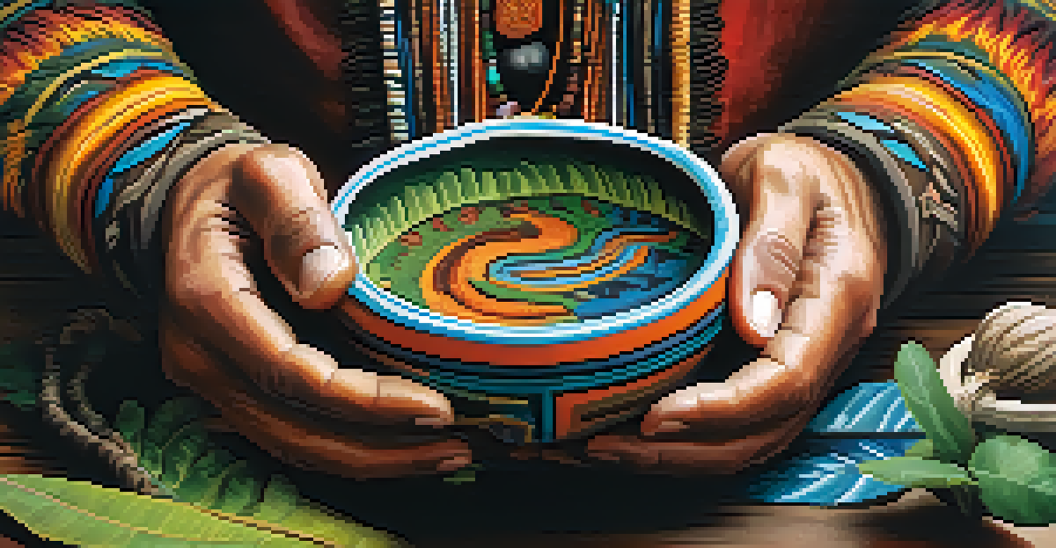 A shaman's hands holding a bowl of Ayahuasca brew surrounded by colorful plants.