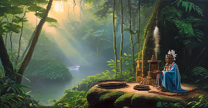 A tranquil Amazon rainforest at dawn with a ceremonial space featuring a wooden altar and a shaman playing a hand drum.
