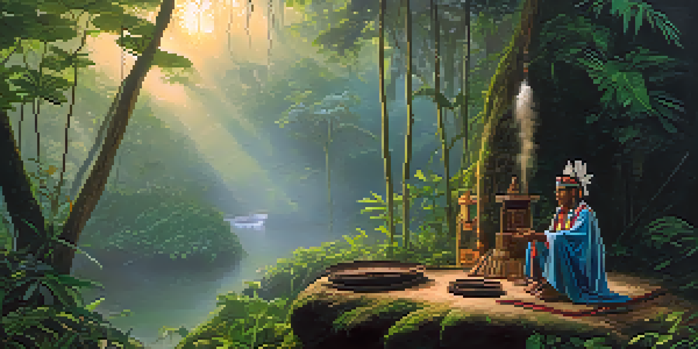 A tranquil Amazon rainforest at dawn with a ceremonial space featuring a wooden altar and a shaman playing a hand drum.