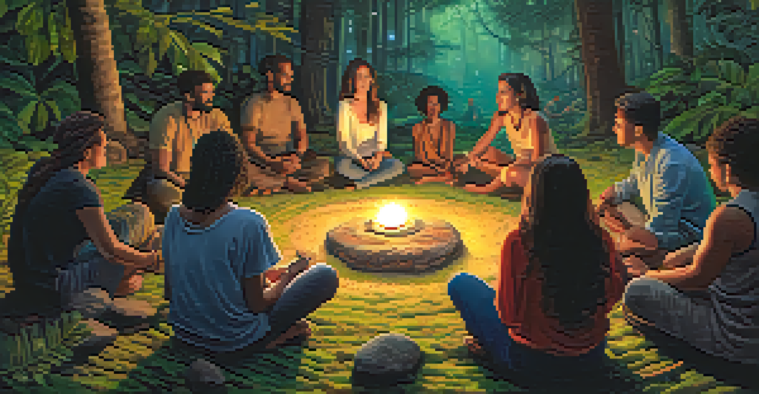 A group of people sitting in a circle in a forest, sharing intentions for an Ayahuasca ceremony with warm candlelight around them.