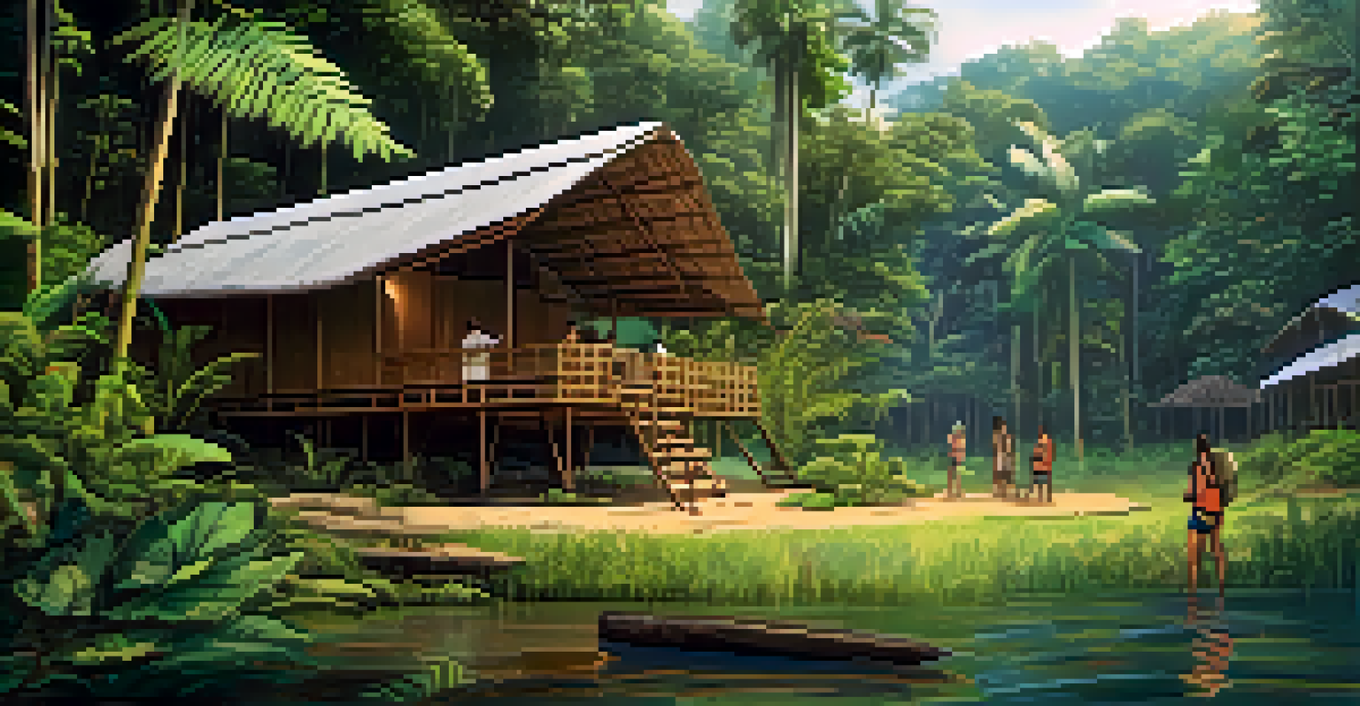 An eco-friendly retreat in the Amazon with travelers participating in a workshop about ayahuasca, surrounded by lush vegetation.