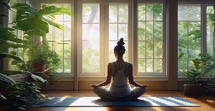A person meditating in a sunlit room filled with green plants, showing peacefulness and tranquility.