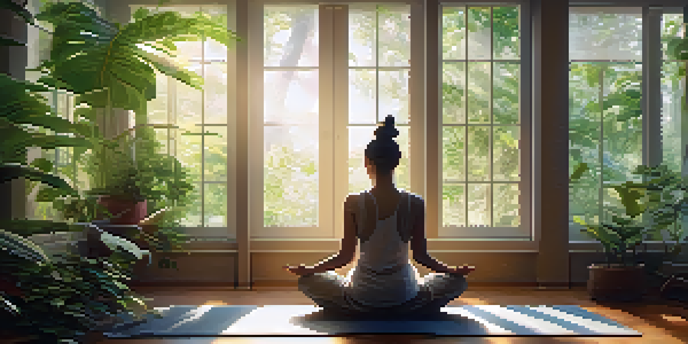 A person meditating in a sunlit room filled with green plants, showing peacefulness and tranquility.