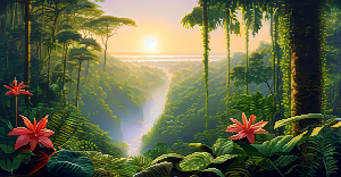 A peaceful Amazon rainforest at dawn with a traditional Ayahuasca brew on a wooden table surrounded by green foliage and flowers.