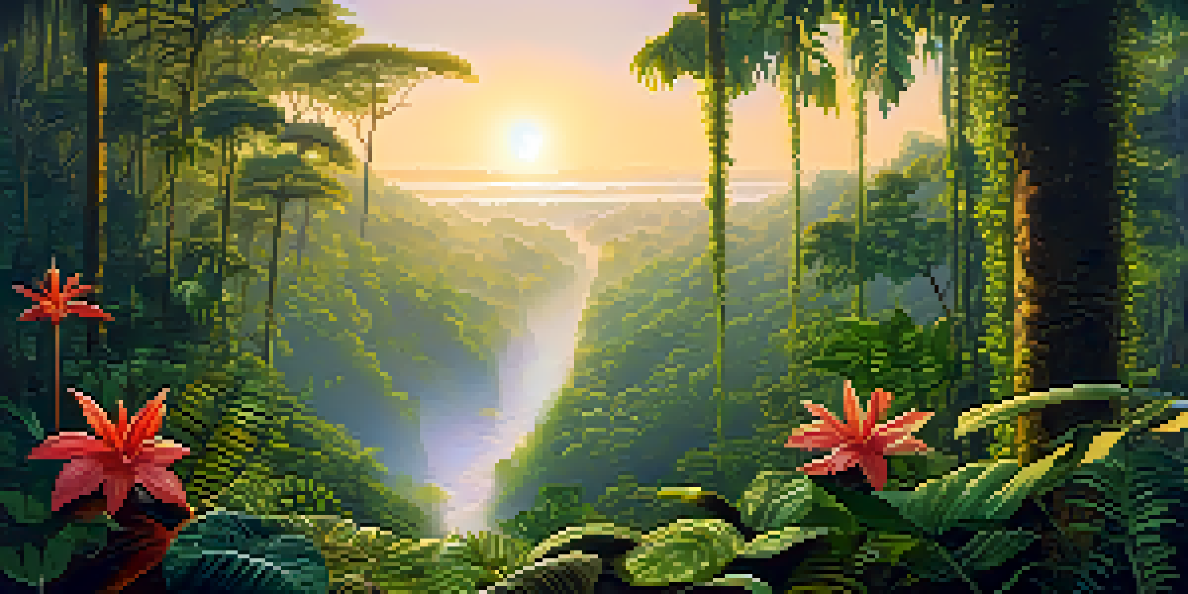 A peaceful Amazon rainforest at dawn with a traditional Ayahuasca brew on a wooden table surrounded by green foliage and flowers.