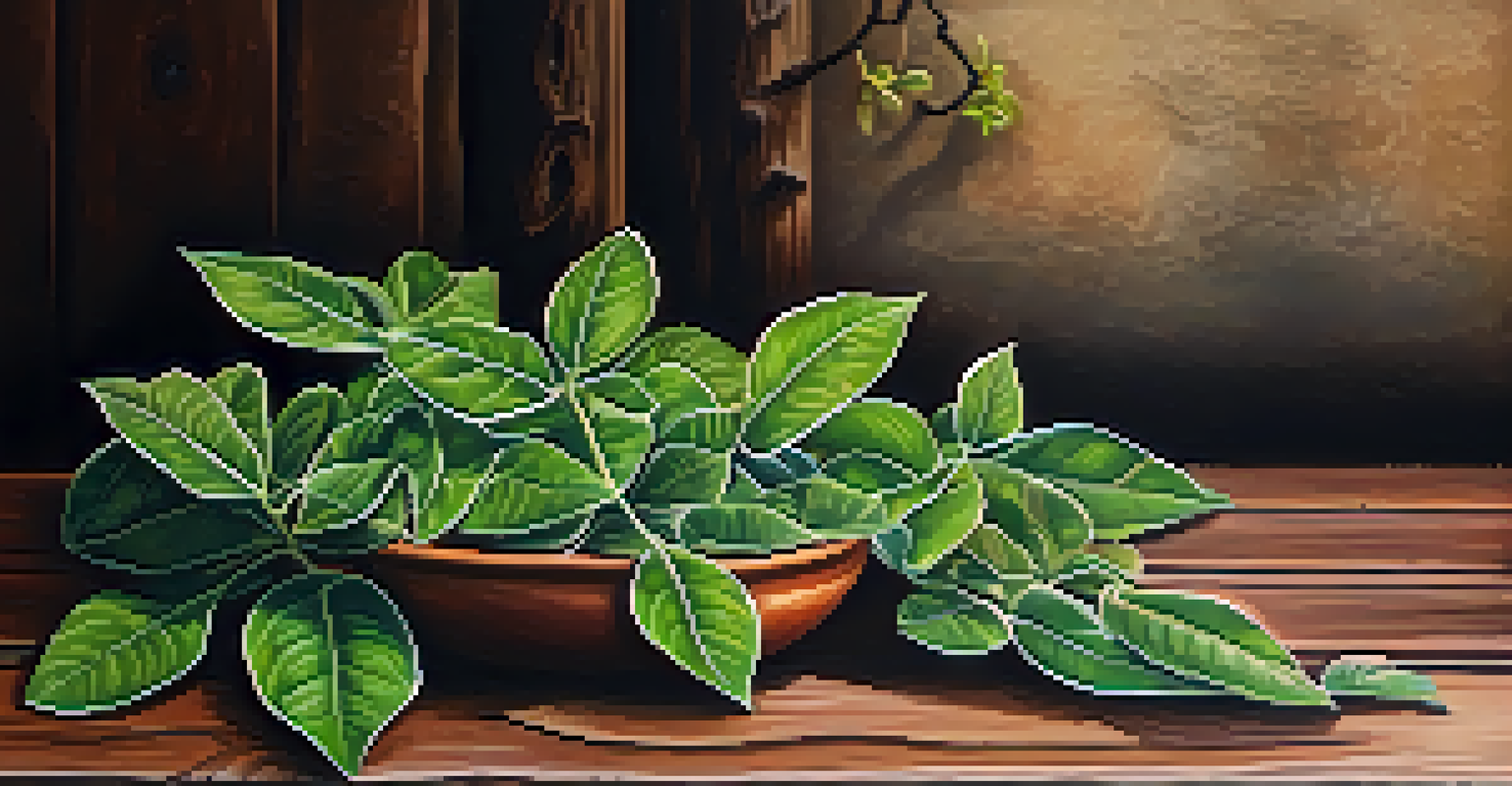 A close-up of the Banisteriopsis caapi vine and Psychotria viridis leaves on a wooden table, highlighting their textures with pottery used for Ayahuasca brew.