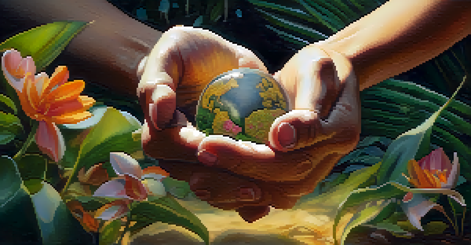 A close-up of hands releasing earth, with a blurred jungle background and warm sunlight, symbolizing surrender and connection to nature.