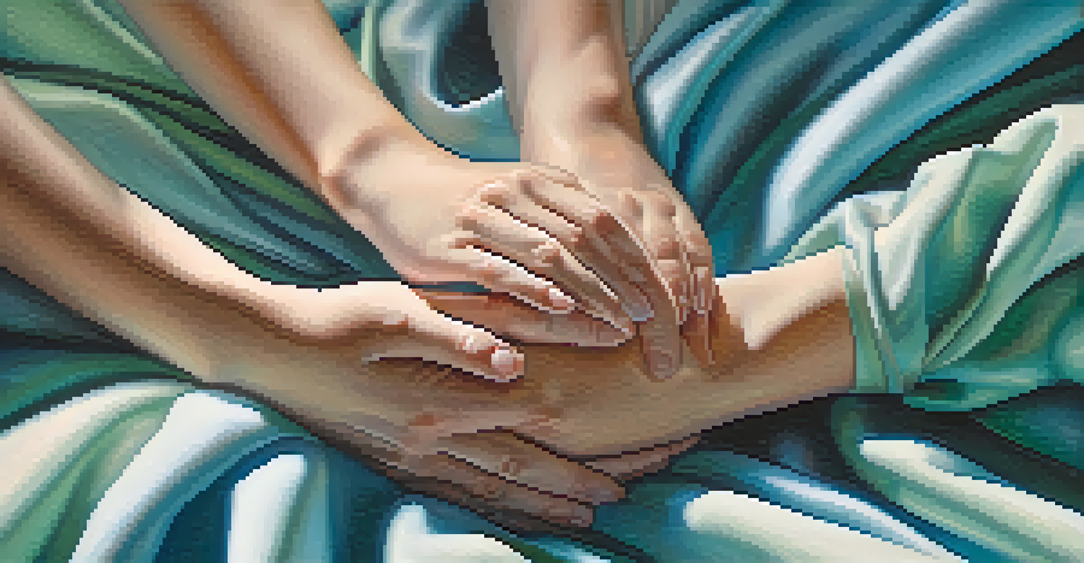 Close-up of hands touching the heart area, surrounded by soft fabrics in calming colors, illustrating somatic awareness.