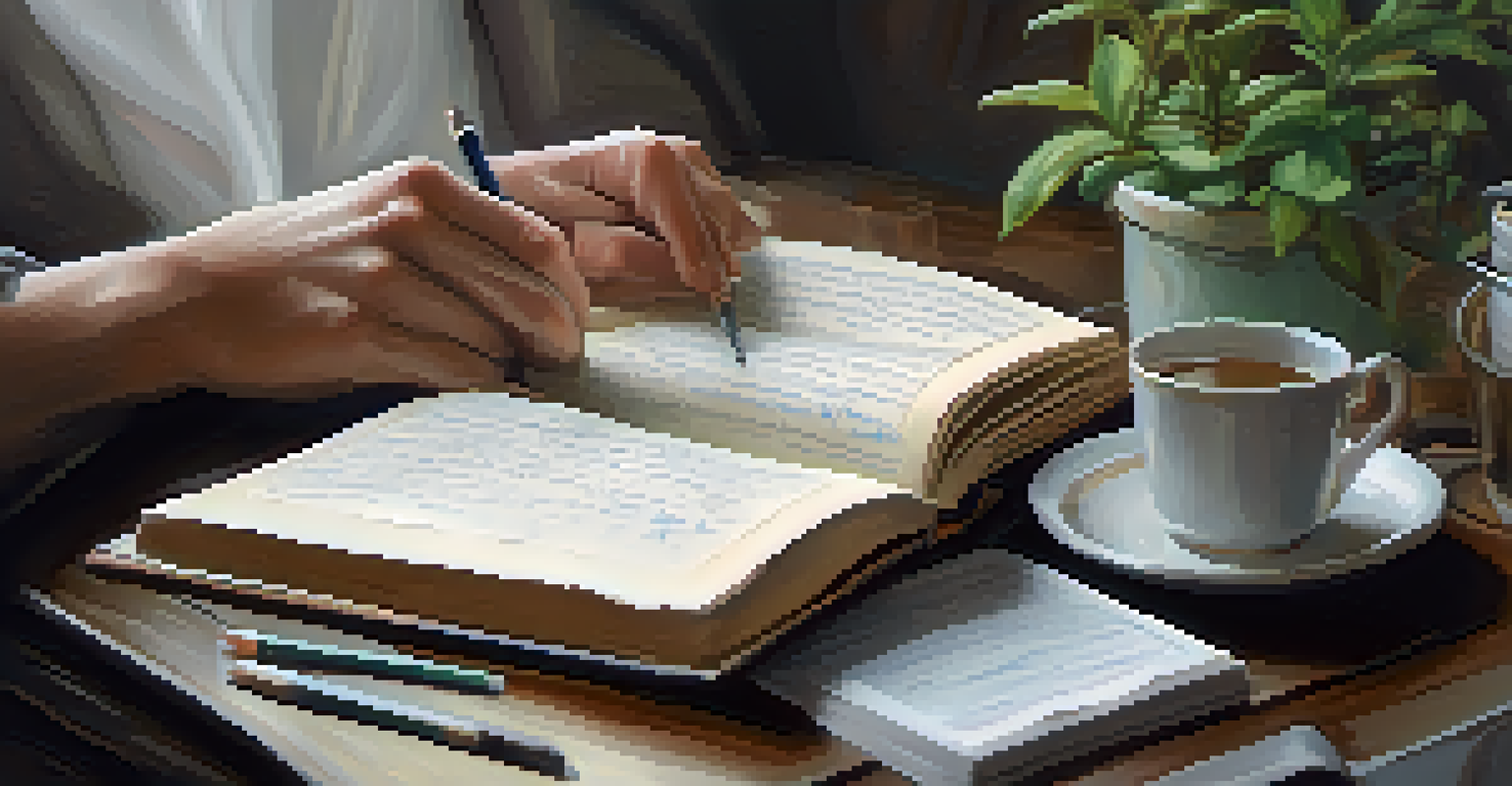 A close-up of hands holding an open journal with notes, surrounded by a steaming cup of tea and a potted plant, creating an introspective atmosphere.