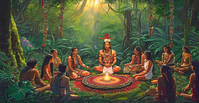 A peaceful depiction of an ayahuasca ceremony in the Amazon jungle with participants sitting in a circle and a shaman in traditional attire.