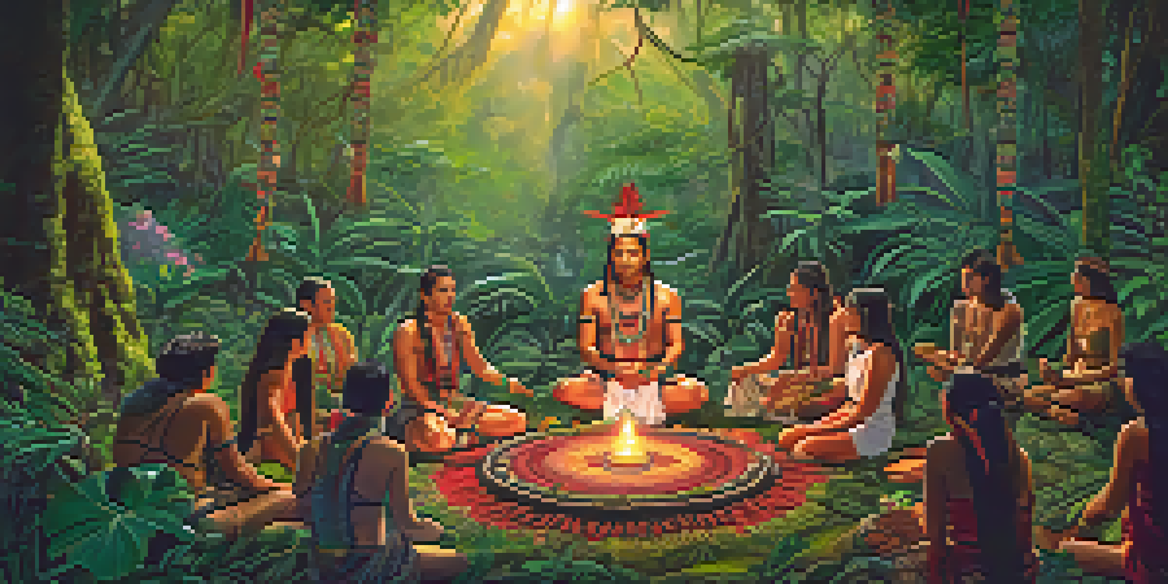 A peaceful depiction of an ayahuasca ceremony in the Amazon jungle with participants sitting in a circle and a shaman in traditional attire.