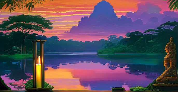 A beautiful sunset over the Amazon rainforest with a river and a shamanic altar in the foreground.