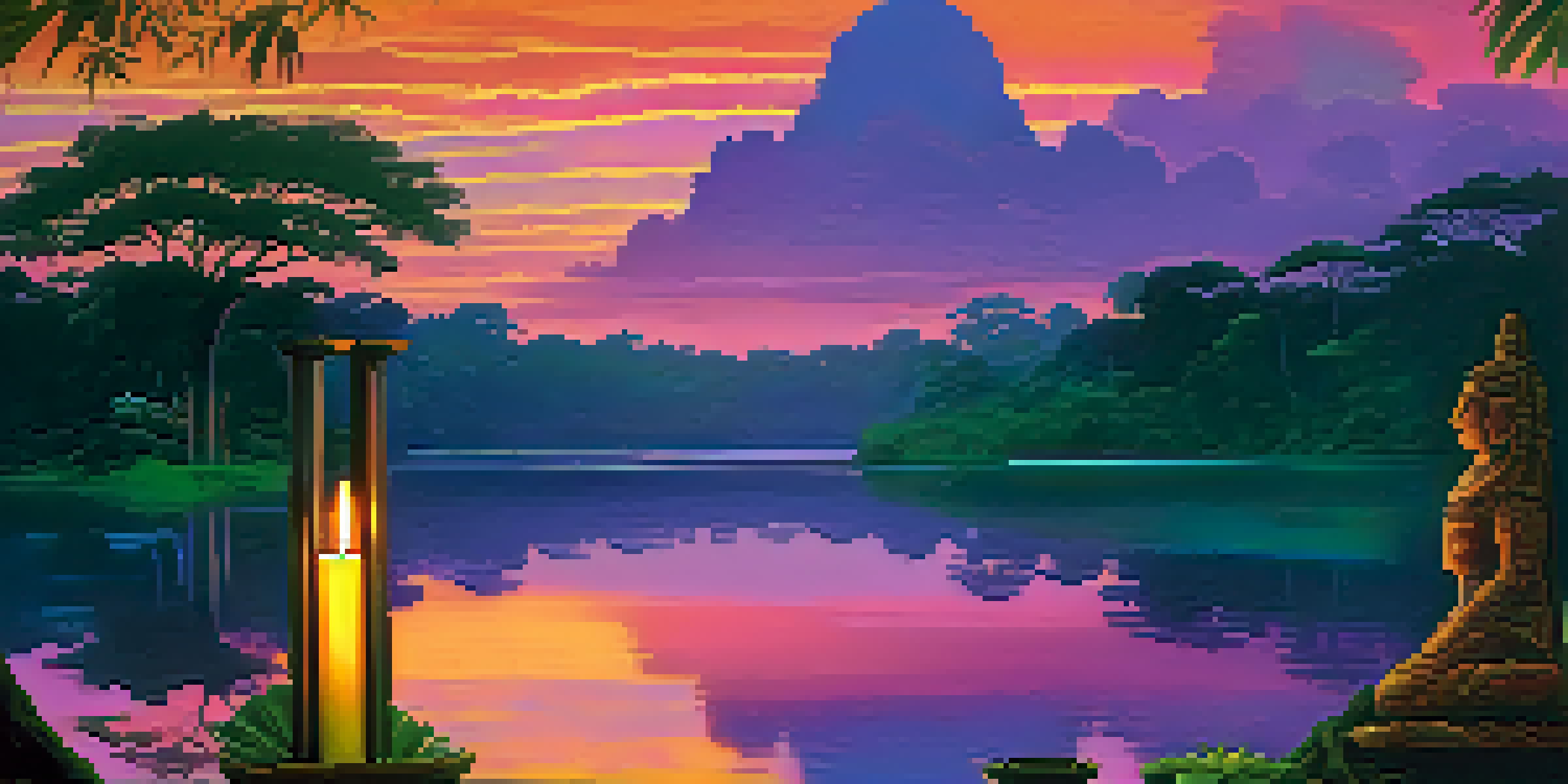 A beautiful sunset over the Amazon rainforest with a river and a shamanic altar in the foreground.