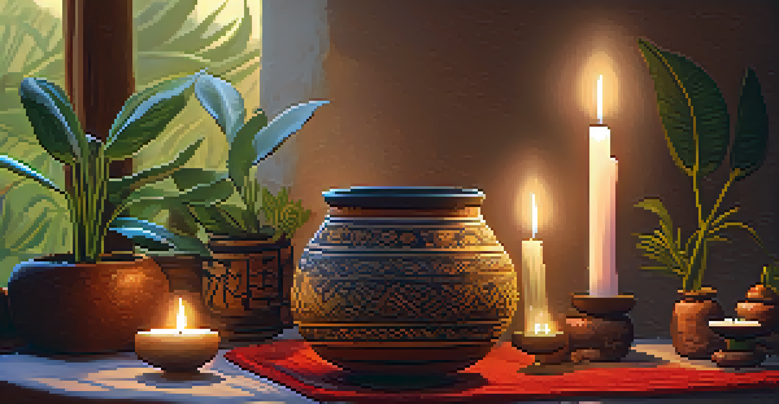 A cozy indoor space with a table featuring a ceramic cup of ayahuasca, surrounded by candles and plants, with indigenous art on the walls.