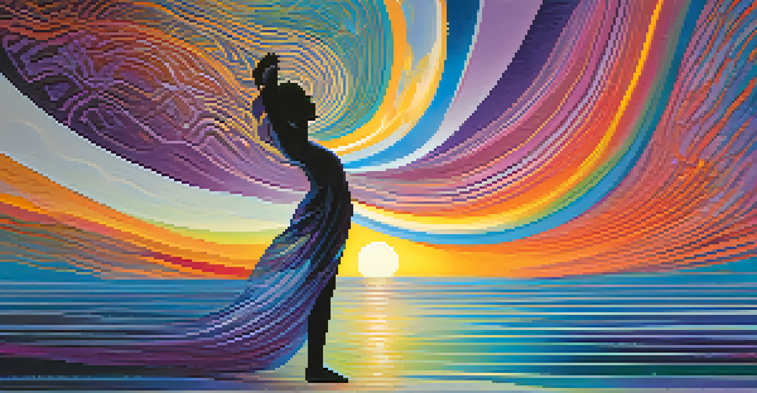 An abstract silhouette filled with vibrant colors and patterns, surrounded by calming blue and purple background, representing somatic awareness.