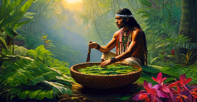 A shaman in traditional attire prepares Ayahuasca in a wooden bowl amidst a misty Amazon rainforest at dawn.