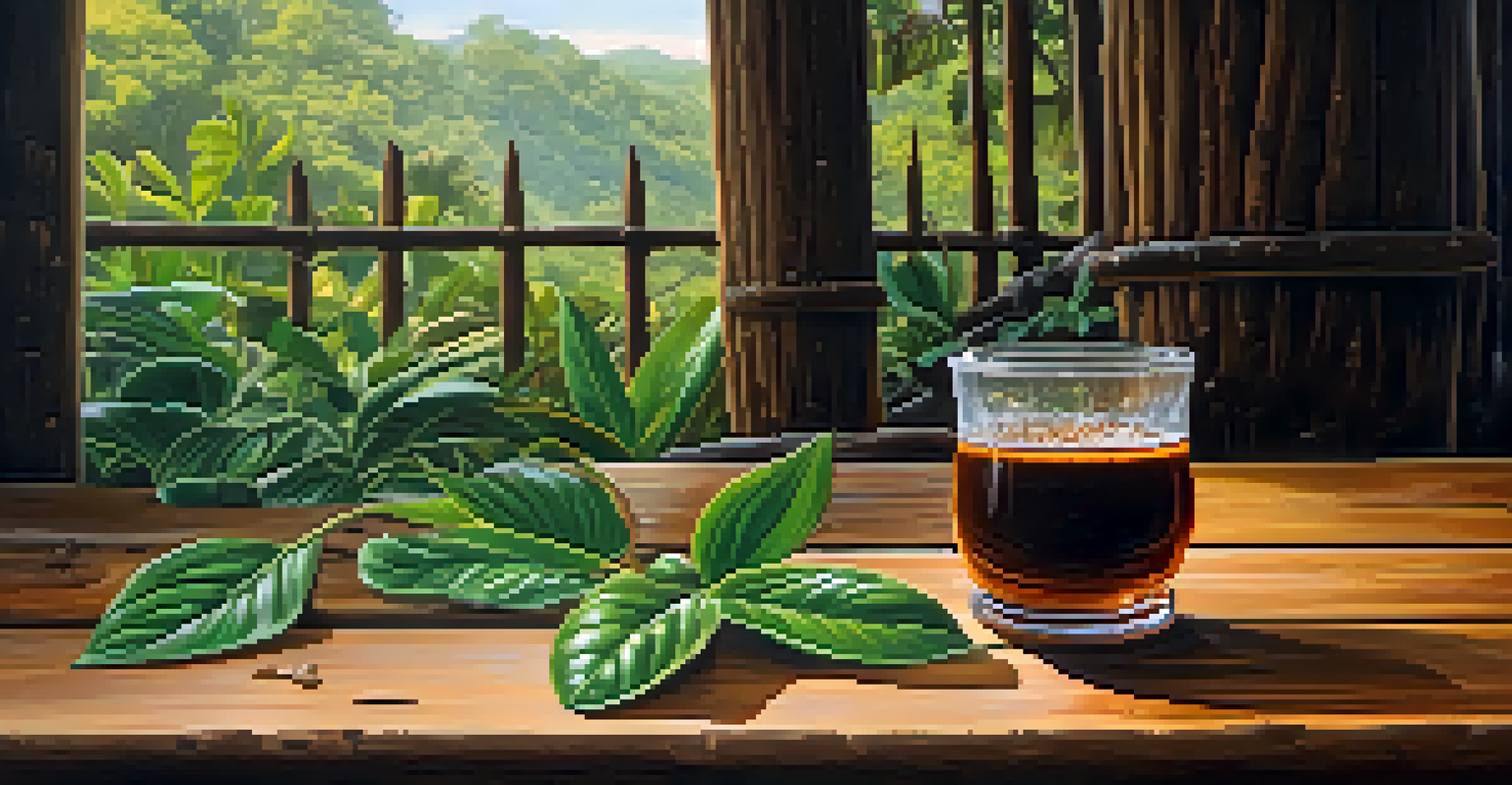 A close-up of a glass filled with ayahuasca brew, rich brown color, placed on a wooden table surrounded by Amazonian plants.