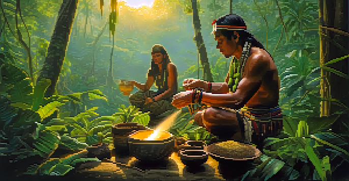 A traditional shaman preparing ayahuasca in a serene Amazon rainforest at dawn, with mist and soft light filtering through the trees.