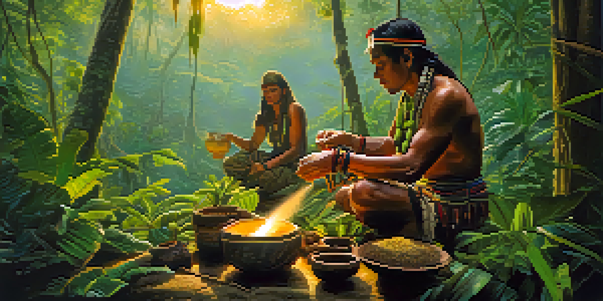 A traditional shaman preparing ayahuasca in a serene Amazon rainforest at dawn, with mist and soft light filtering through the trees.