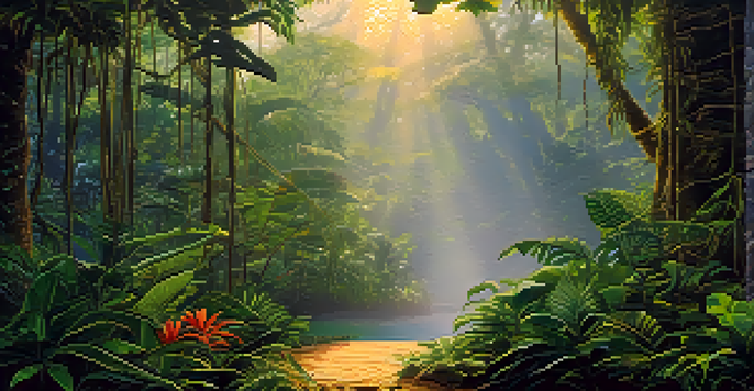 A peaceful Amazon rainforest at sunrise with lush green trees and a ceremonial space, illuminated by warm golden light.