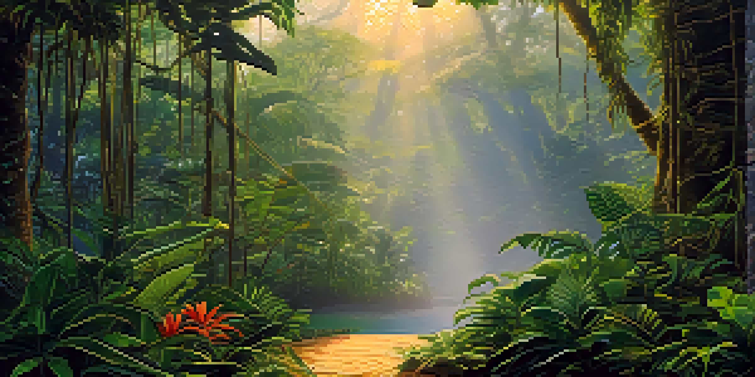 A peaceful Amazon rainforest at sunrise with lush green trees and a ceremonial space, illuminated by warm golden light.