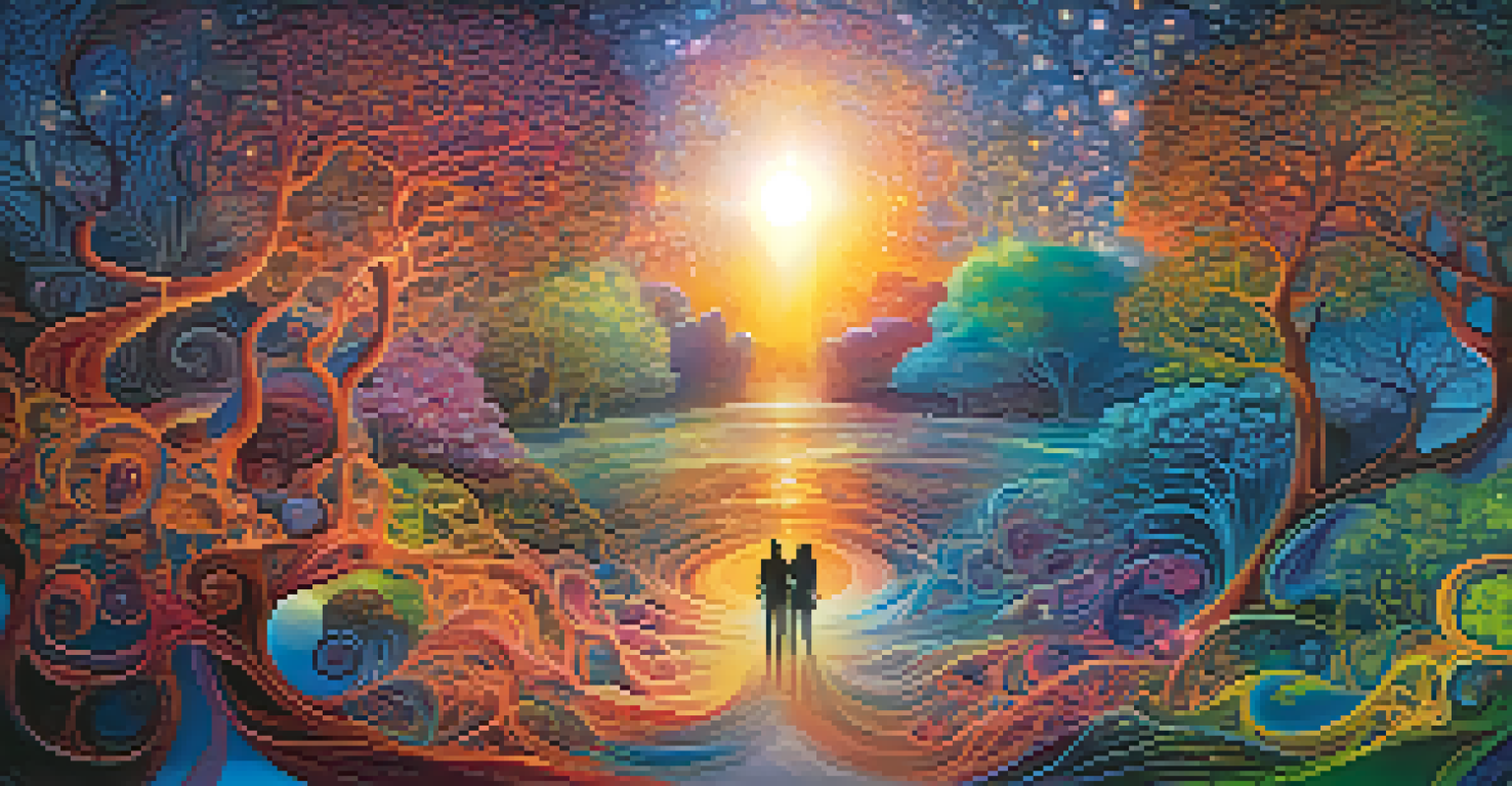 An abstract depiction of interconnectedness with swirling colors and patterns, featuring human silhouettes merging with nature in a dreamlike atmosphere.