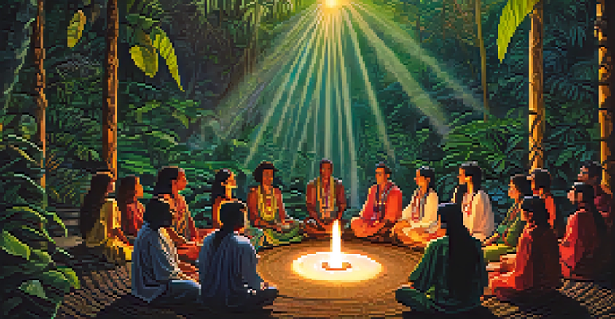 A peaceful ayahuasca ceremony in the Amazon rainforest, with a shaman and participants meditating amidst tropical plants and soft lantern light.