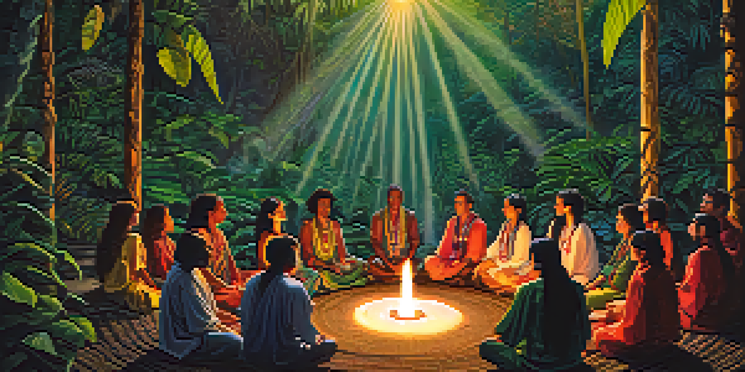 A peaceful ayahuasca ceremony in the Amazon rainforest, with a shaman and participants meditating amidst tropical plants and soft lantern light.