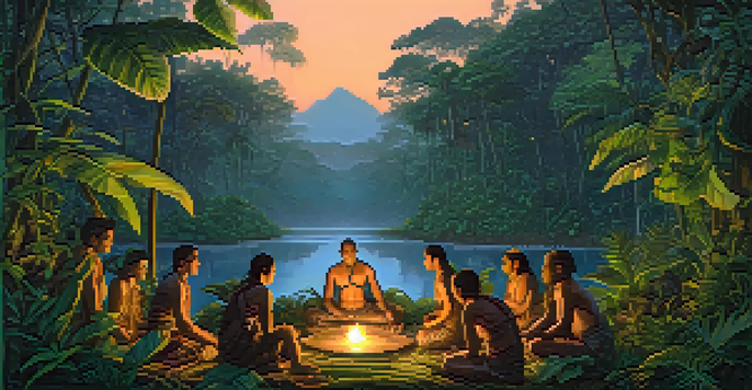 An Amazon rainforest at twilight with older adults participating in an ayahuasca ceremony, surrounded by lush greenery and soft, diffused light.
