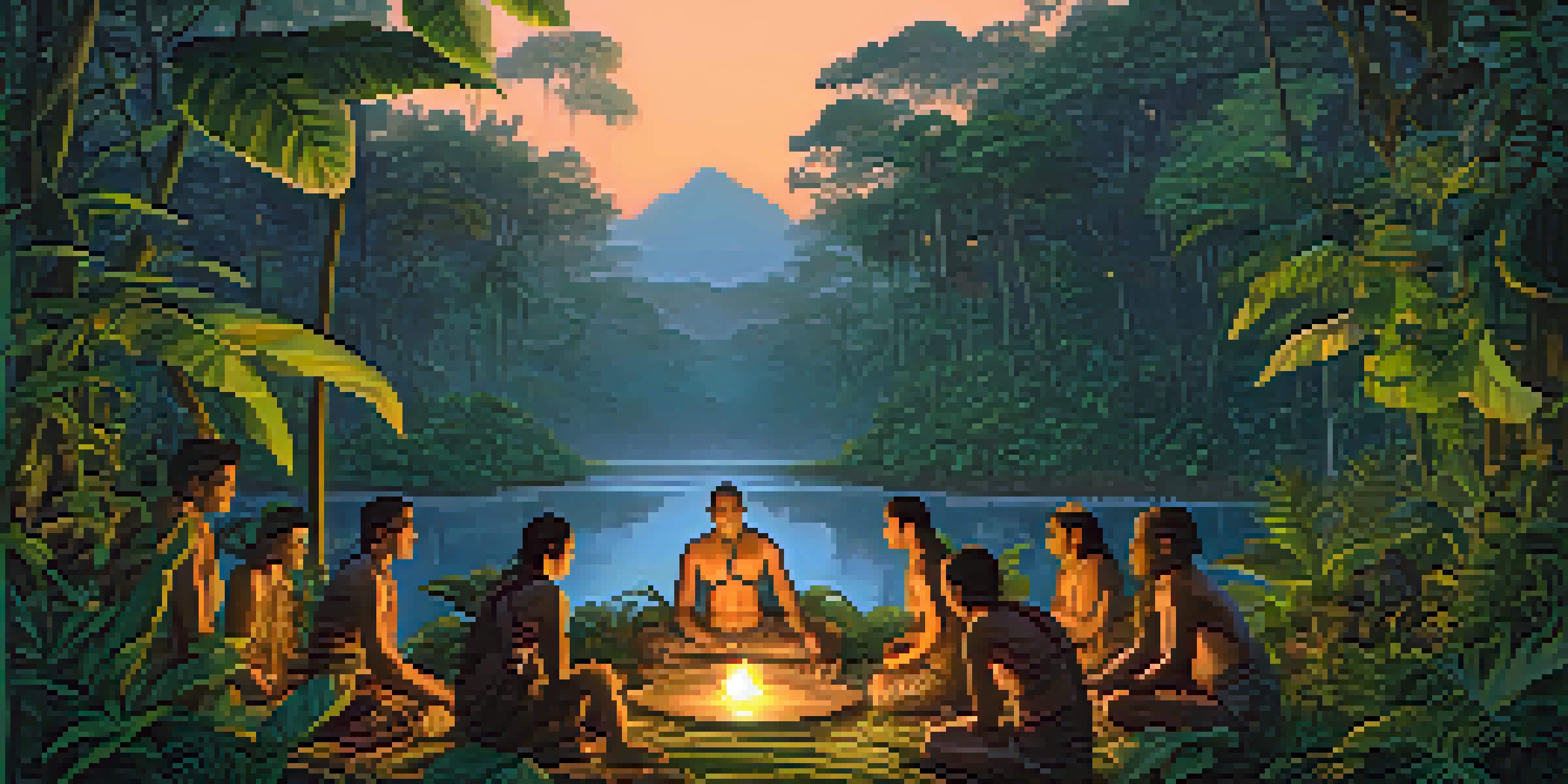 An Amazon rainforest at twilight with older adults participating in an ayahuasca ceremony, surrounded by lush greenery and soft, diffused light.