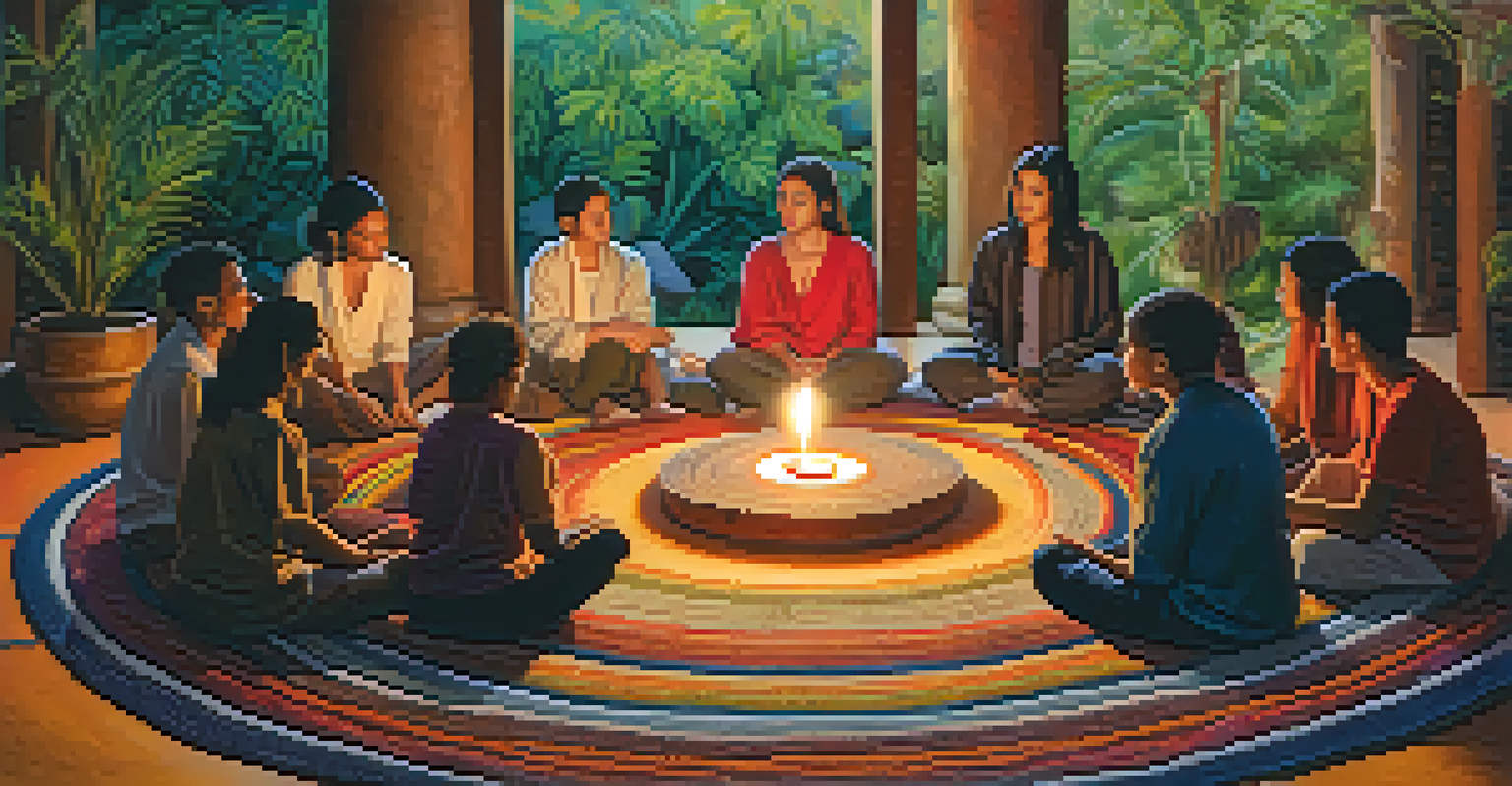 A cozy integration circle with diverse individuals sitting on mats, surrounded by candles and a natural altar.