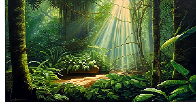 A peaceful Amazon rainforest at dawn with green foliage, sunlight filtering through leaves, and a traditional Ayahuasca ceremony setup on a woven mat.