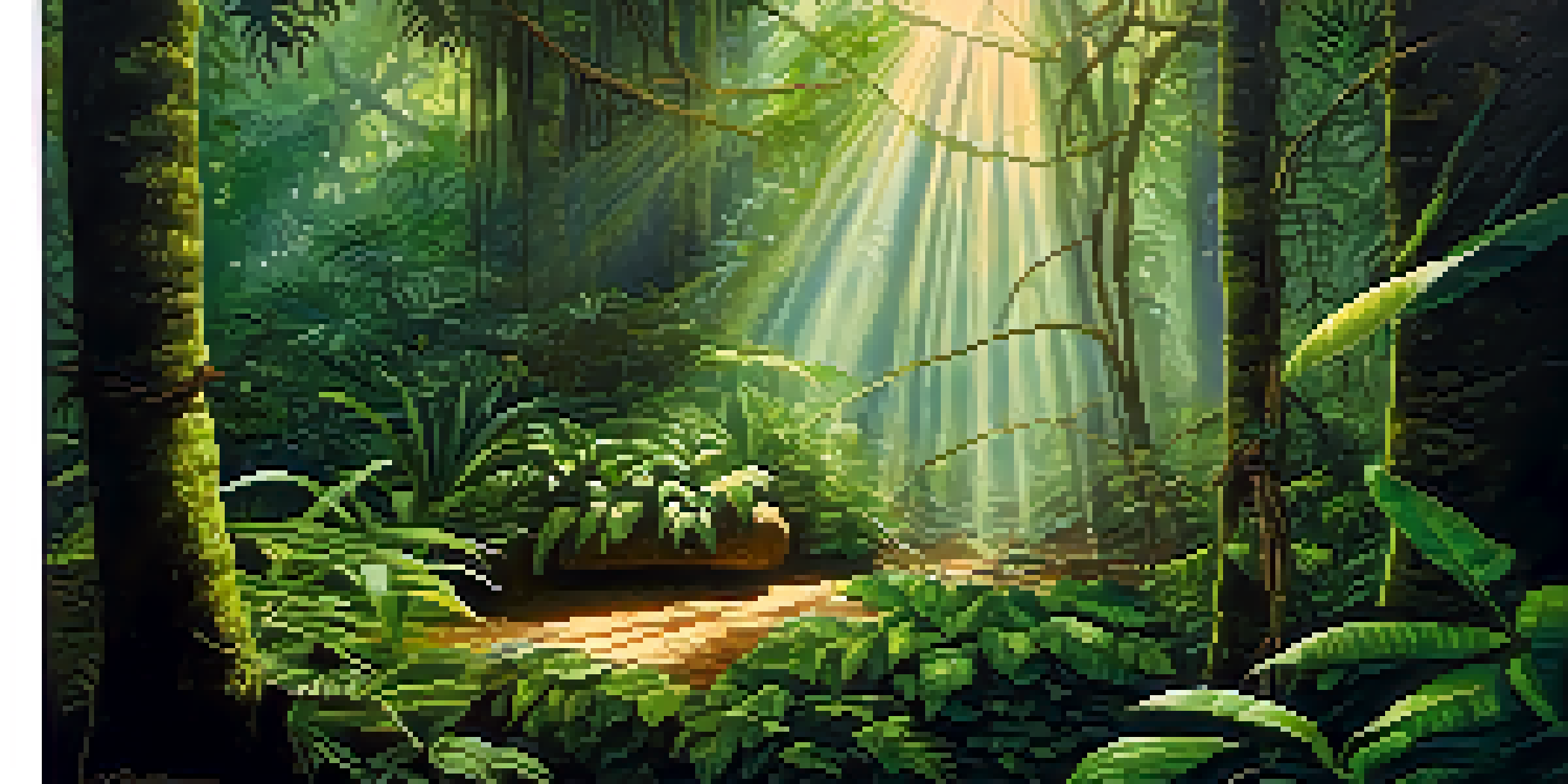 A peaceful Amazon rainforest at dawn with green foliage, sunlight filtering through leaves, and a traditional Ayahuasca ceremony setup on a woven mat.