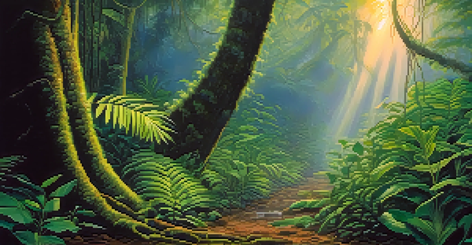 A vibrant Amazon rainforest at dawn, showcasing the Banisteriopsis caapi vine and Psychotria viridis leaves, with mist and sunlight filtering through the trees.