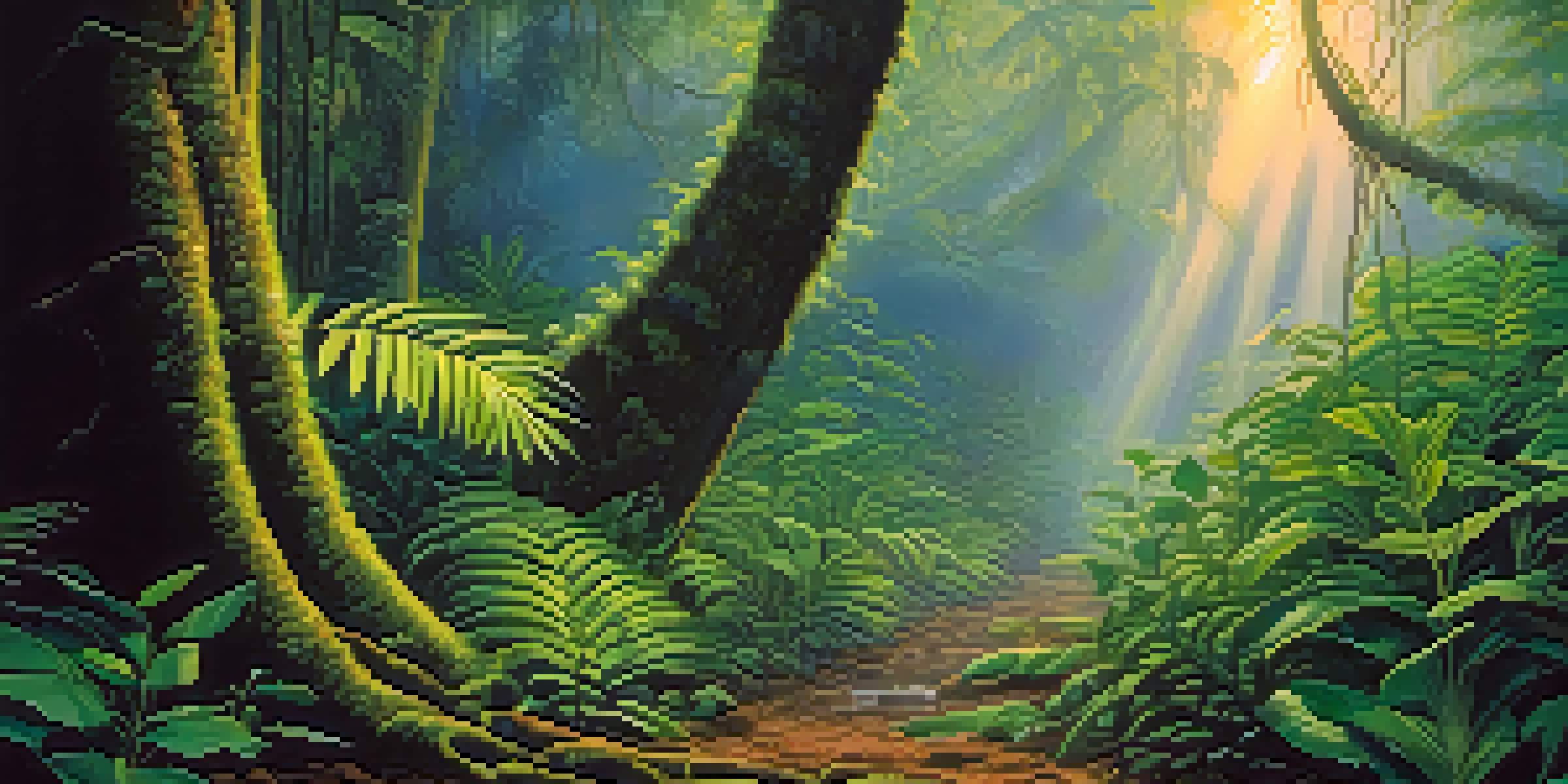 A vibrant Amazon rainforest at dawn, showcasing the Banisteriopsis caapi vine and Psychotria viridis leaves, with mist and sunlight filtering through the trees.