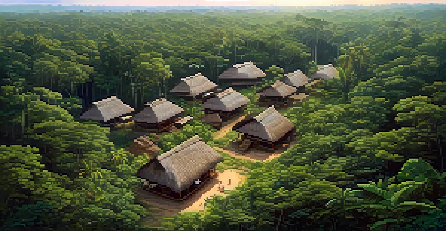 Aerial view of an indigenous Amazon community participating in a traditional ceremony among the trees.