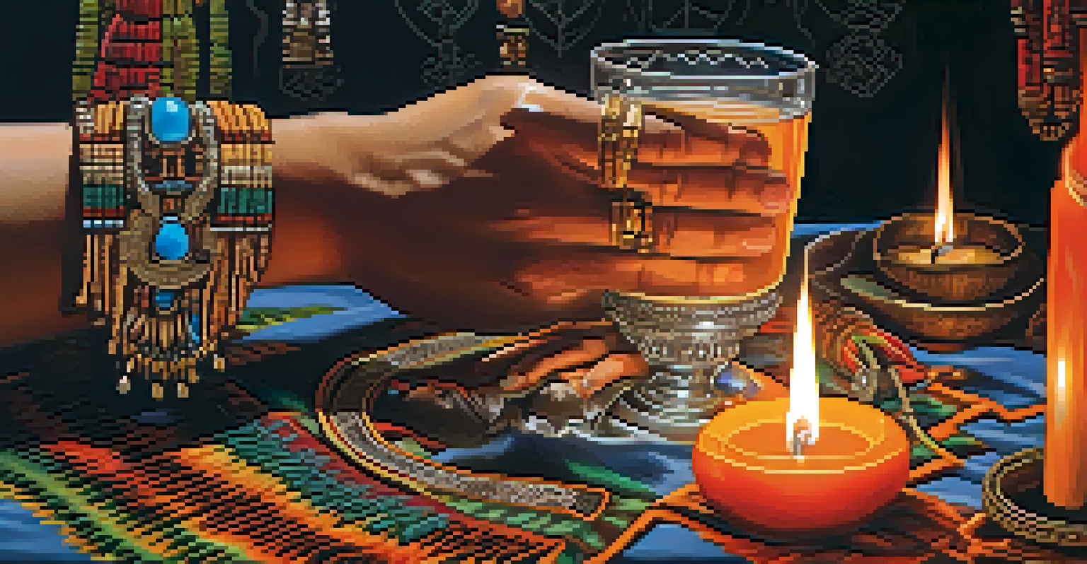 A close-up of a hand holding a glass of ayahuasca during a ceremony, with a blurred background of a shaman and candles, highlighting traditional jewelry.