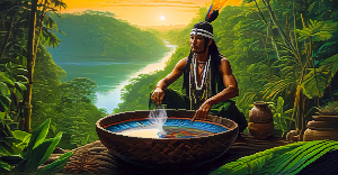 A peaceful Amazon rainforest at dusk with a shaman preparing Ayahuasca in a wooden bowl surrounded by lush greenery.