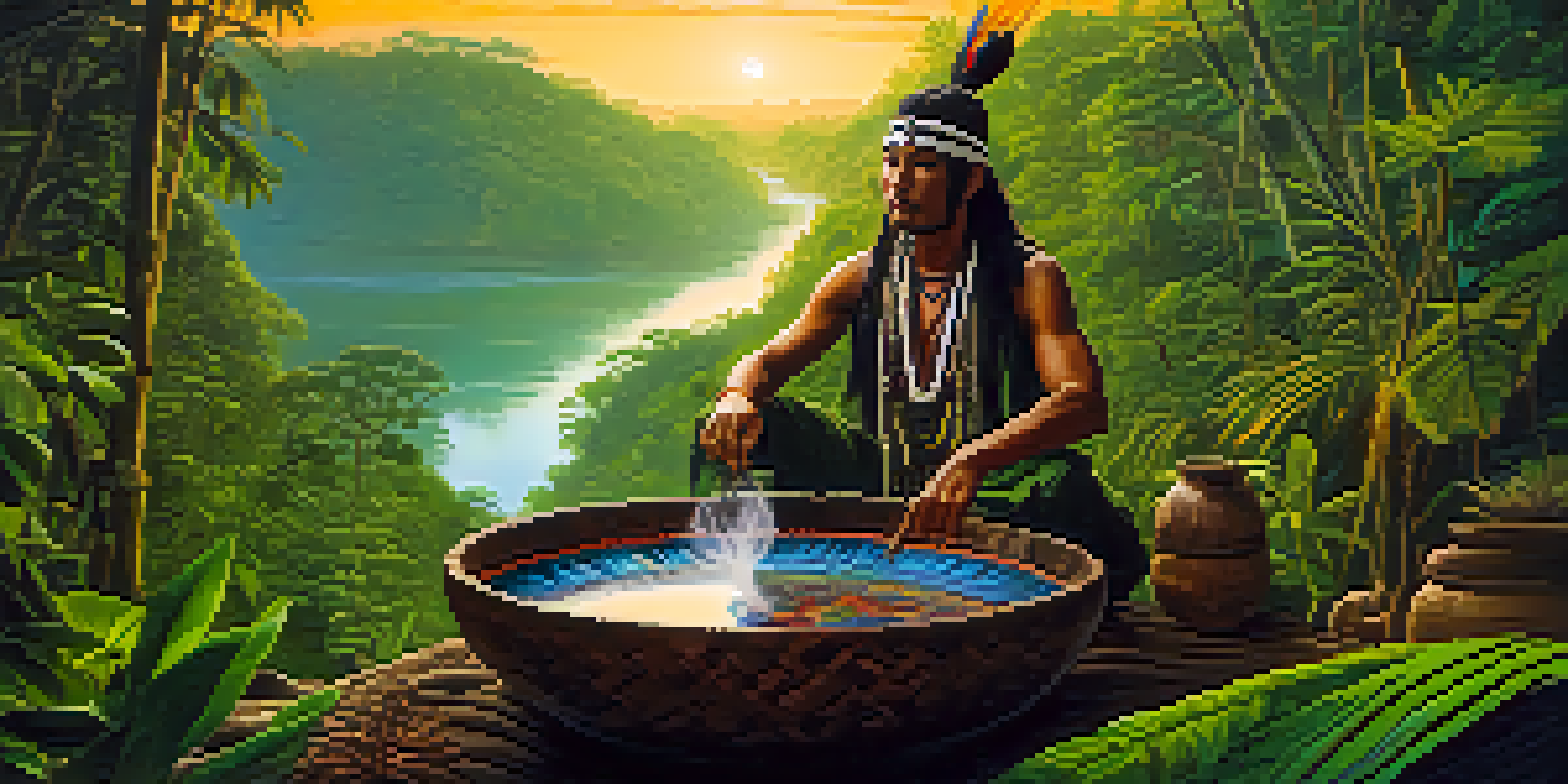 A peaceful Amazon rainforest at dusk with a shaman preparing Ayahuasca in a wooden bowl surrounded by lush greenery.